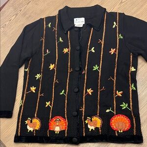 Quacker Factory Turkey Day Cardigan Sweater with Chenille Trim